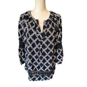 Women's Crown & Ivy Blouse, 1X, Blue & White Lace Inserts
